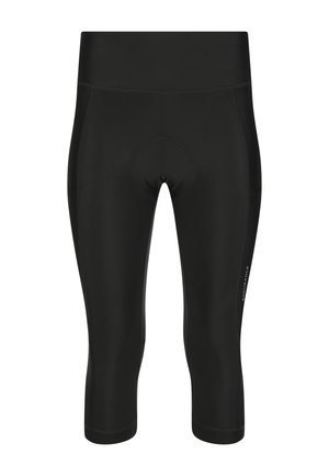 Cuissards de vélo noirs longueur genou avec siège rembourré et taille haute, arborant un logo discret sur la jambe.