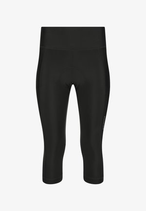 Cuissards de vélo noirs longueur genou avec siège rembourré et taille haute, arborant un logo discret sur la jambe.