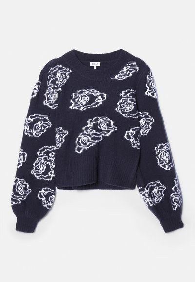 Mørkeblå cropped sweater lavet af strikket stof, med hvide blomster mønstre, rund halsudskæring, og puffede ærmer.