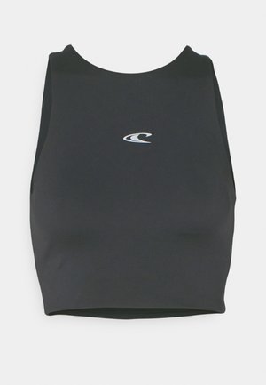 Black cropped tank top made of smooth, stretchy material. Features a rounded neckline and a small white wave logo on the front.