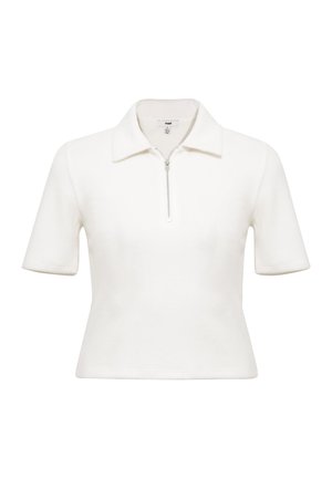 White short-sleeve polo shirt with a zip collar, made from a textured fabric, featuring a fitted design and smooth finish.