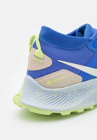 Talons de baskets Nike bleus avec étiquette Gore-Tex jaune, languette vert clair et semelle tachetée vert clair et grise.