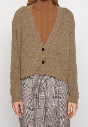 Woman wearing a brown ribbed turtleneck, beige buttoned cardigan, and high-waisted plaid pants with a tied belt.