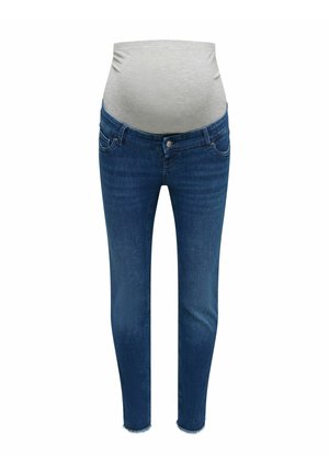 Dark blue maternity jeans with an elastic light gray waistband, slim fit, and frayed hems on a white background.