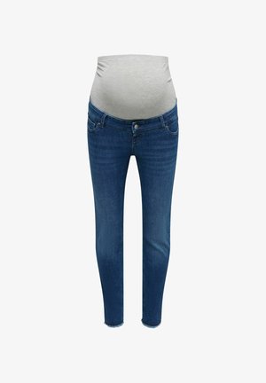 Dunkelblaue Umstandsjeans mit einem elastischen, hellgrauen Bund, schlanker Passform und ausgefransten Säumen auf weißem Hintergrund.