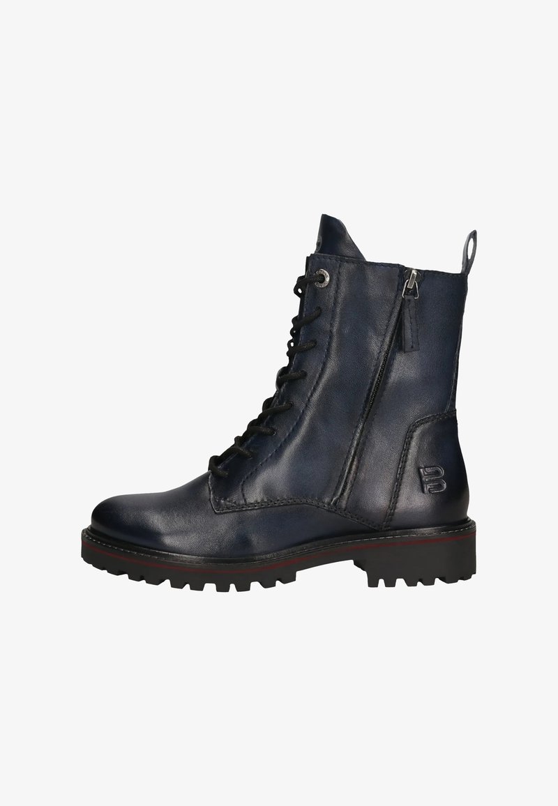 Schnürstiefelette aus dunkelblauem Leder mit seitlichem Reißverschluss, Zuglasche, rutschfester schwarzer Sohle und geprägt Logo auf der Ferse.