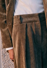 Costum maro din catifea cu dungi verticale, cu pliuri și o textură netedă. Cămașă albă pe dedesubt și o mână cu un inel vizibilă.
