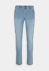 Ljusblå denimjeans med slim fit, featuring dragkedja, fem fickor och subtila whiskeringdetaljer.