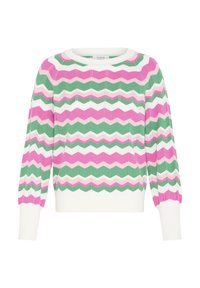 Pull en tricot avec un design côtelé et des motifs en zigzag verts, roses, blancs et lavande. Manches bouffantes et encolure ronde.