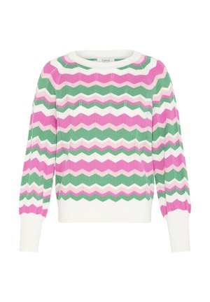 Gebreide trui met een geribbelde structuur en zigzagpatronen in groen, roze, wit en lavendel. Pofmouwen en een ronde halslijn.