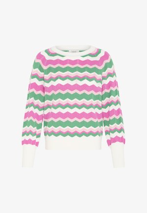 Pletený svetr s žebrovaným vzorem a cikcak motivy v zelené, růžové, bílé a levandulové barvě. Nabírané rukávy a kulatý výstřih.