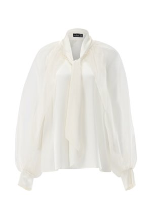 Weiße Bluse mit hohem Kragen und Bindetail, ausgestattet mit durchsichtigen, luftigen Ärmeln und einer glatten Textur. Enthält geknöpfte Manschetten für einen optimalen Sitz.