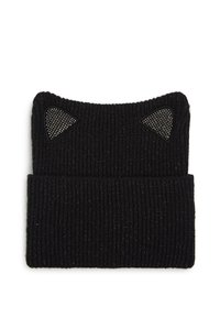 Bonnet en tricot noir avec des formes de oreilles de chat en relief et une finition texturée et scintillante. Design côtelé avec un revers replié pour un ajustement.