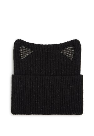 Black knit beanie featuring raised cat ear shapes with a textured, sparkly finish. Ribbed design with a folded cuff for adjustment.