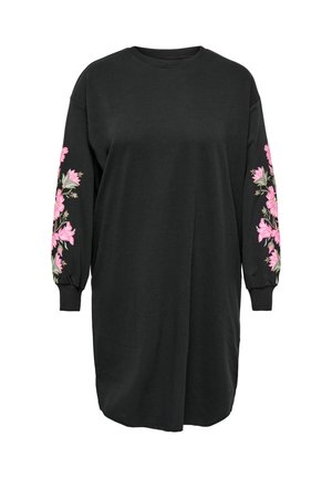 Sort oversize sweatshirt-kjole med lange ærmer, dekoreret med pink blomsterbroderi på begge ærmer. Blødt stof og afslappet pasform.