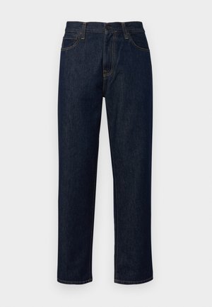 Dark blue jeans made of denim, featuring straight legs, a mid-rise waist, orange stitching, and a classic five-pocket design.