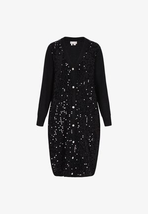 Dlouhý černý kardigan na knoflíky s V-výstřihem a lesklými černými flitry pokrývajícími přední část a rukávy.