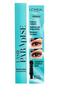 Packaging del mascara waterproof Lash Paradise di L'Oréal Paris, con uno sfondo turchese, testo nero in grassetto, immagini di occhi prima e dopo, e un'illustrazione del pennello.