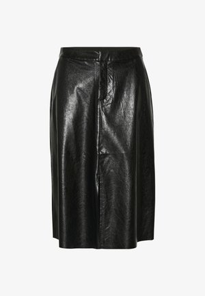 Fekete bőr midi szoknya sima textúrával, elülső varrással és egyenes sziluettel; derékpánt diszkrét fényű.