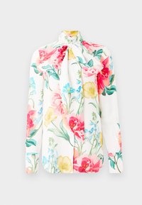 Blusa bianca a maniche lunghe con colletto a fiocco, caratterizzata da una stampa floreale colorata in rosa, giallo e blu. Tessuto liscio, vestibilità sartoriale.