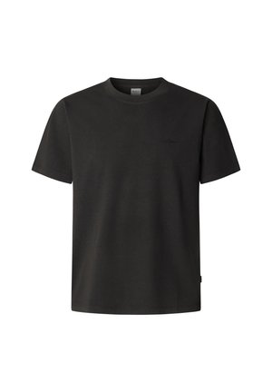 Black cotton t-shirt with a round neck and short sleeves. Features a small logo embroidered on the chest and straight hem. Soft texture.