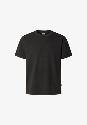 Black cotton t-shirt with a round neck and short sleeves. Features a small logo embroidered on the chest and straight hem. Soft texture.