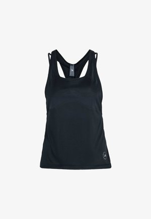 Sort ærmeløs atletisk tanktop med racerback-design og lille logo nær den nederste kant.