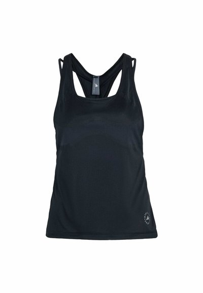 Black sleeveless athletic tank top with racerback design and small logo near bottom hem.