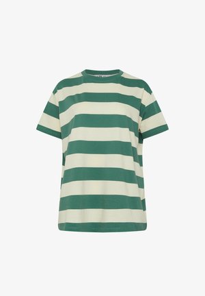 T-shirt à manches courtes avec de larges rayures horizontales vertes et blanc cassé, et un col rond.