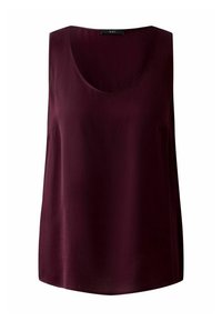 Burgundy sleeveless top made of smooth fabric, featuring a rounded neckline and side pockets. Simple, straight-cut design.