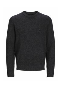 Pull en laine gris foncé à manches longues avec col rond côtelé, poignets et ourlet, présenté sur fond blanc.