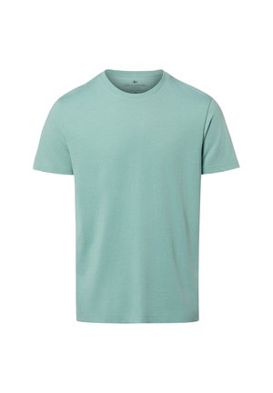 Hellgrünes kurzärmeliges Baumwoll-T-Shirt mit Rundhalsausschnitt, schlichtes Design, flach liegend ohne Muster oder Logos dargestellt.