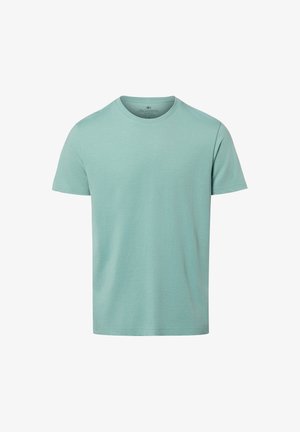 Hellgrünes kurzärmeliges Baumwoll-T-Shirt mit Rundhalsausschnitt, schlichtes Design, flach liegend ohne Muster oder Logos dargestellt.