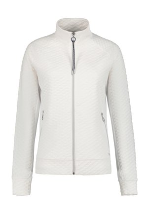 Witte gewatteerde jas met hoge kraag, ritssluiting over de hele voorkant en ritssluitingen aan de zijzakken, ontworpen voor casual of sportief gebruik.