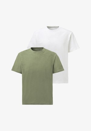 Zwei Kurzarm-T-Shirts in Olivgrün und Weiß, gefertigt aus einem strukturierten Stoff. Beide besitzen einen Rundhalsauschnitt und einen lässigen Schnitt.