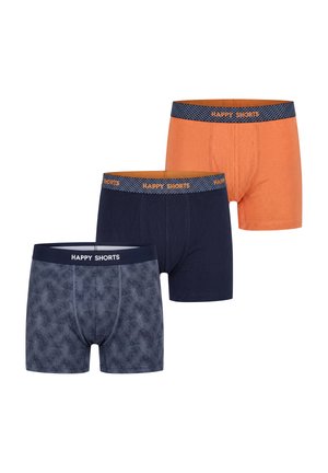 Drei Paar Herren-Boxershorts in Orange, einfarbigem Marineblau und Marineblau mit Karomuster, alle mit elastischem Markenbund.