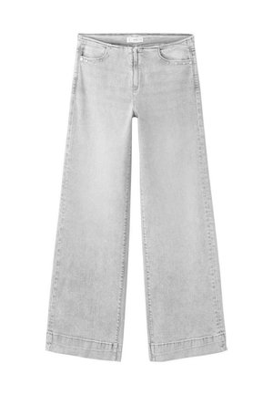 Jeans in denim leggermente grigi con gamba ampia, tasche anteriori, passanti per cintura e chiusura a bottone in vita.