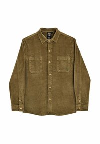 Chemise en velours côtelé vert olive avec un col boutonné, deux poches avant, des boutons en bois et une finition de tissu texturée.