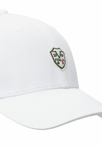 Weißer Baseballcap aus Baumwolle mit gebogener Krempe. Mit einer gestickten Schild-Patch, die "ITALIA", grüne und rote Sterne sowie das Jahr "1969" zeigt.