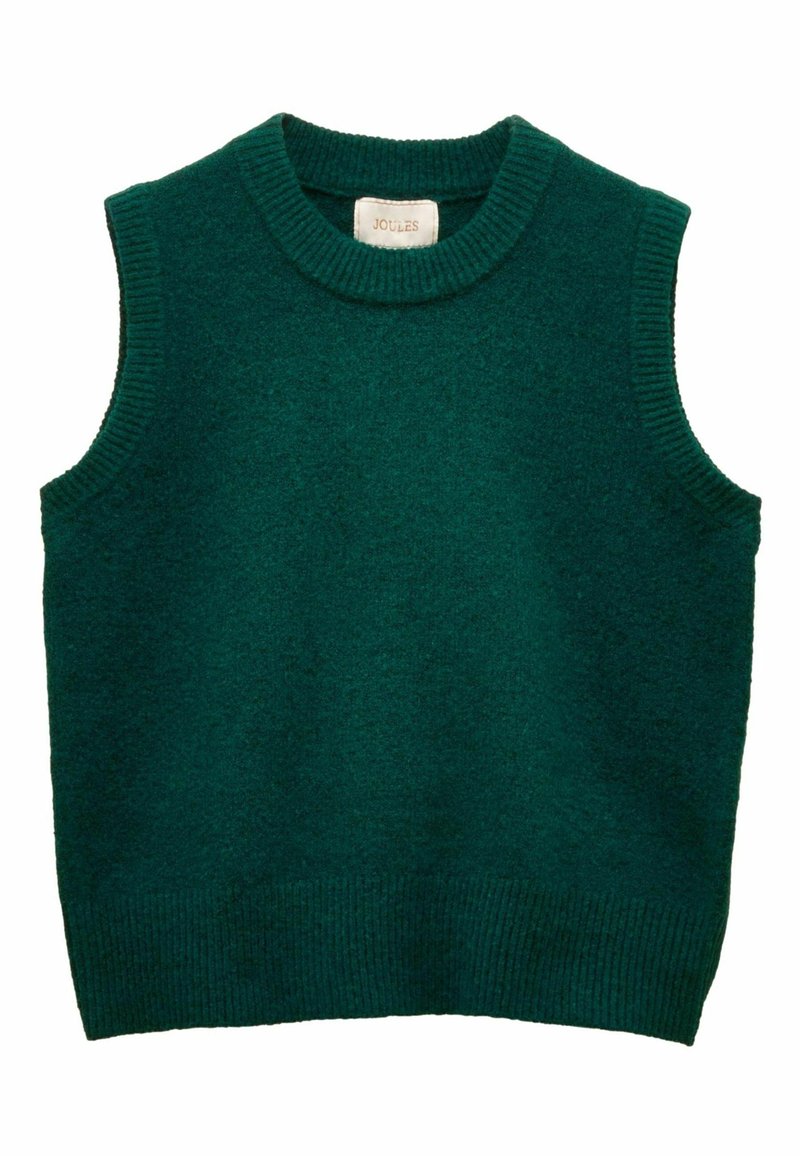 Mīksta vilnas bezmuguras veste tumši zaļā krāsā, ar ribotu apaļu kakla izgriezumu un apakšējo malu ar smalku tekstūru. Uzlīme redzama kakla izgriezumā.