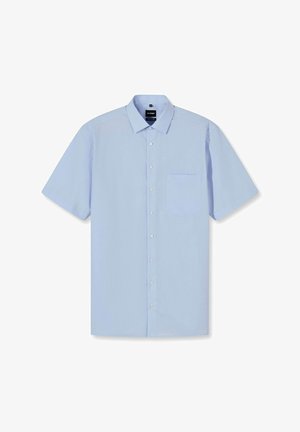 Kurzärmliges, hellblaues Hemd mit durchgehender Knopfleiste, einer einzelnen Brusttasche und einer glatten Stoffbeschaffenheit. Verfügt über ein klassisches Kragendesign.