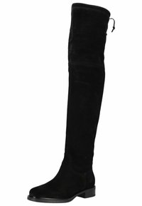 Botas de ante negras por encima de la rodilla con puntera redondeada, suela plana y diseño de fácil colocación. Presentan una sencilla costura en la parte superior y una correa ajustable en la parte superior.