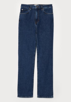 Denim jeans in dark blue, straight-leg design, five-pocket style, with a sturdy waistband and visible stitching details.