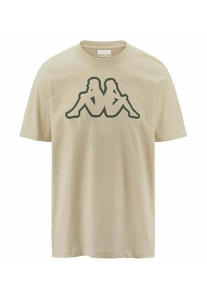 T-shirt in cotone beige con una grafica verde scuro raffigurante due figure sedute contornate al centro. Maniche corte e scollatura rotonda.