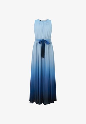 Mouwloze maxi-jurk met een lichte naar donkere blauwe ombre-verloop, voorzien van een geplooide taille en een donkerblauwe ceintuur met strik.