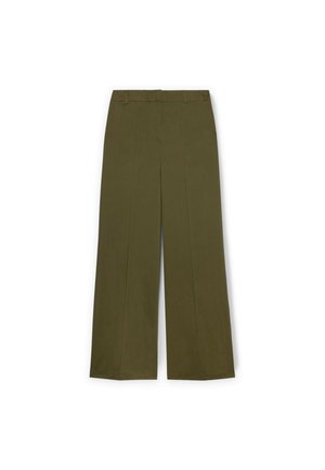 Pantaloni cu picioare largi din țesătură verde măslin, având o textură netedă, plisse frontale și un talie standard cu bucle pentru curea.