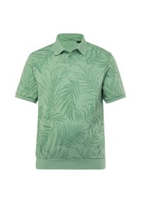 Pánské polo tričko s krátkým rukávem z světle zelené bavlny, s jemným vzorem listů, tříknoflíkovou légou a žebrovaným límcem a lemem.