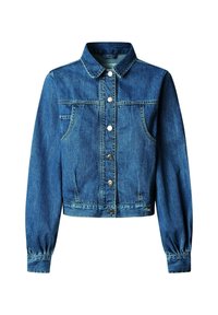 Blå denimjakke med lange puffede ærmer, knaplukning foran, brystlommer og en klassisk krave.