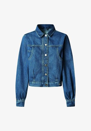 Sinine teksariidest jakk pika volangiga varrukatega, ees nööbitav, rindkerel taskud ja klassikaline krae.