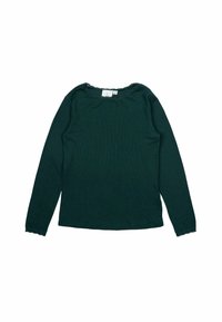 Mörkgrön långärmad topp med ribbat mönster, rundad halsringning med fransad kant, rak fåll, utan synliga mönster eller detaljer.